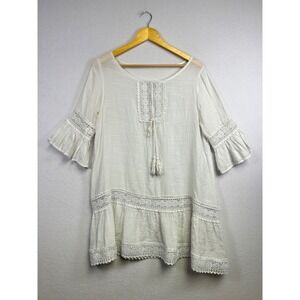 Cupshe White Crochet Lace Tassel Tunic Dress Boho Beach Cover Up S/M